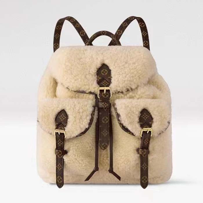 Louis Vuitton LV Unisex Backpack Cream Brown Shearling Monogram-Canvas Textile Lining