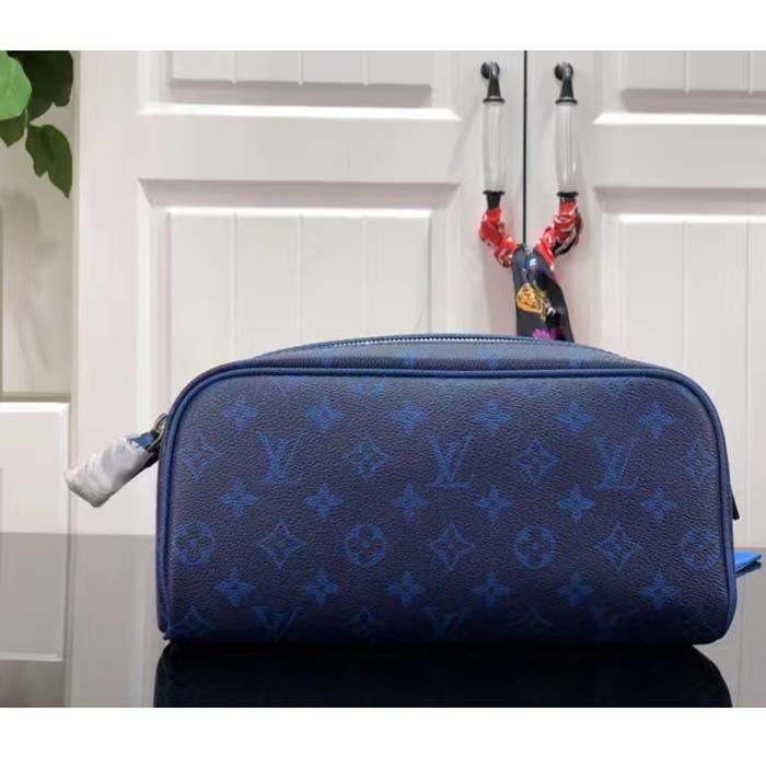 Louis Vuitton LV Unisex Dopp Kit Toilet Pouch Blue Taiga Cowhide Leather Monogram Coated Canvas Clutch