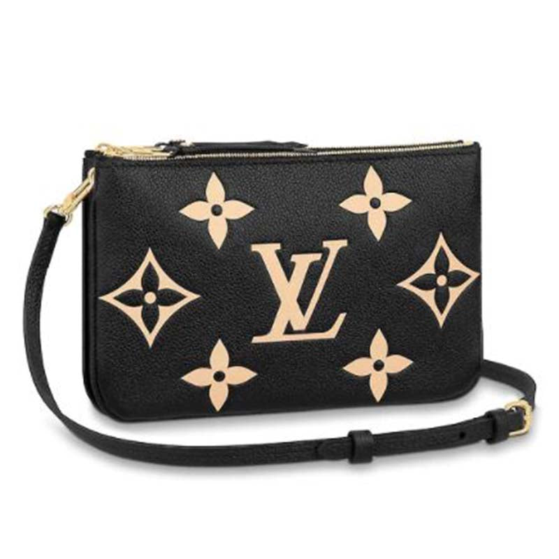 Louis Vuitton LV Unisex Double Zip Pochette Black Beige Embossed Supple Grained Cowhide Leather Clutch