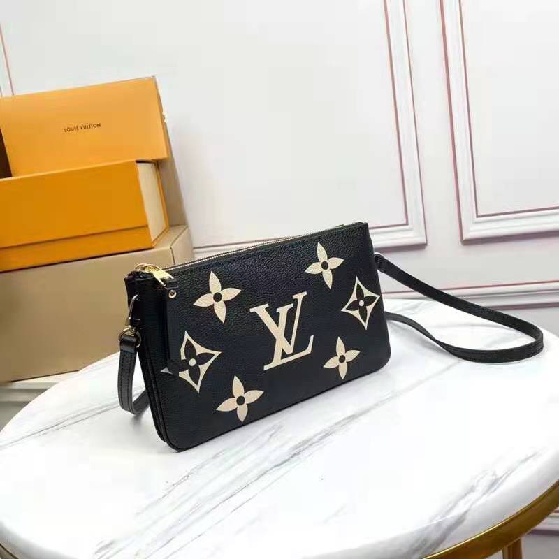 Louis Vuitton LV Unisex Double Zip Pochette Black Beige Embossed Supple Grained Cowhide Leather Clutch