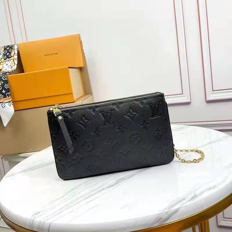 Louis Vuitton LV Unisex Double Zip Pochette Black Monogram Empreinte Embossed Supple Grained Cowhide Clutch