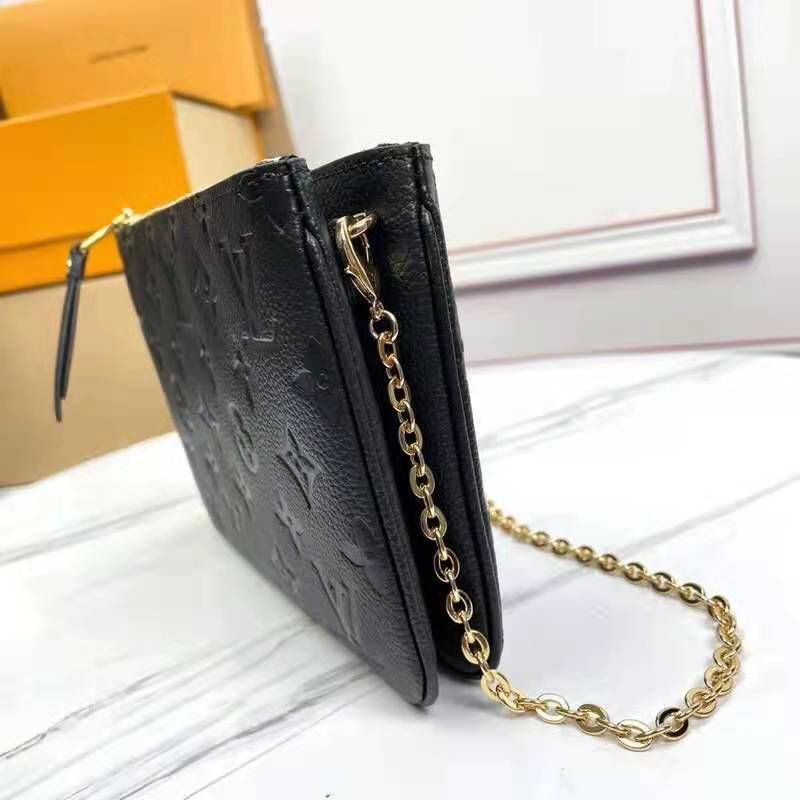 Louis Vuitton LV Unisex Double Zip Pochette Black Monogram Empreinte Embossed Supple Grained Cowhide Clutch