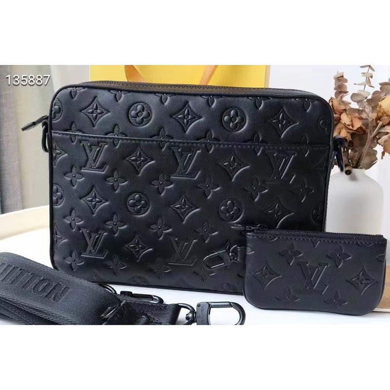 Louis Vuitton LV Unisex Duo Messenger Black Monogram Shadow Calf Leather Handbag
