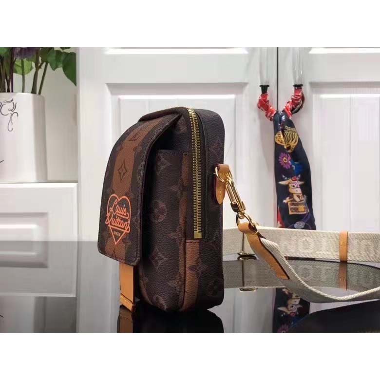 Louis Vuitton LV Unisex Flap Double Phone Pouch Monogram Stripes Brown Coated canvas Clutch