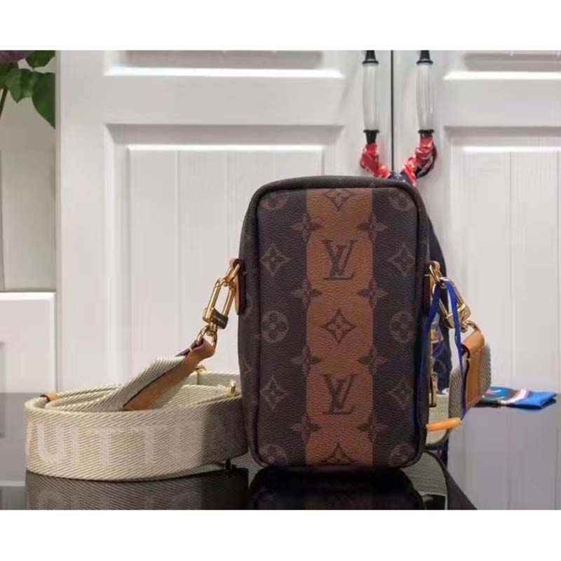 Louis Vuitton LV Unisex Flap Double Phone Pouch Monogram Stripes Brown Coated canvas Clutch