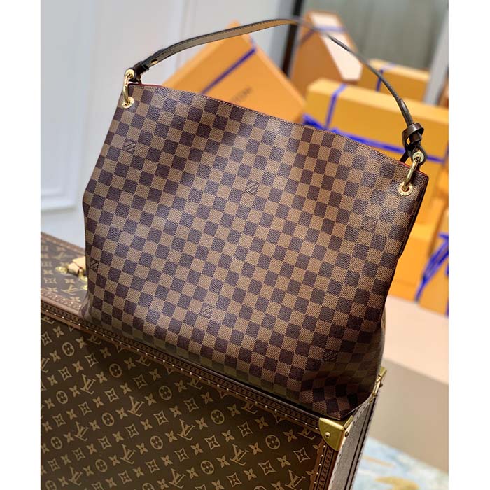 Louis Vuitton LV Unisex Graceful MM Hobo Damier Ebene Coated Canvas Cowhide Leather Shoulder Bag