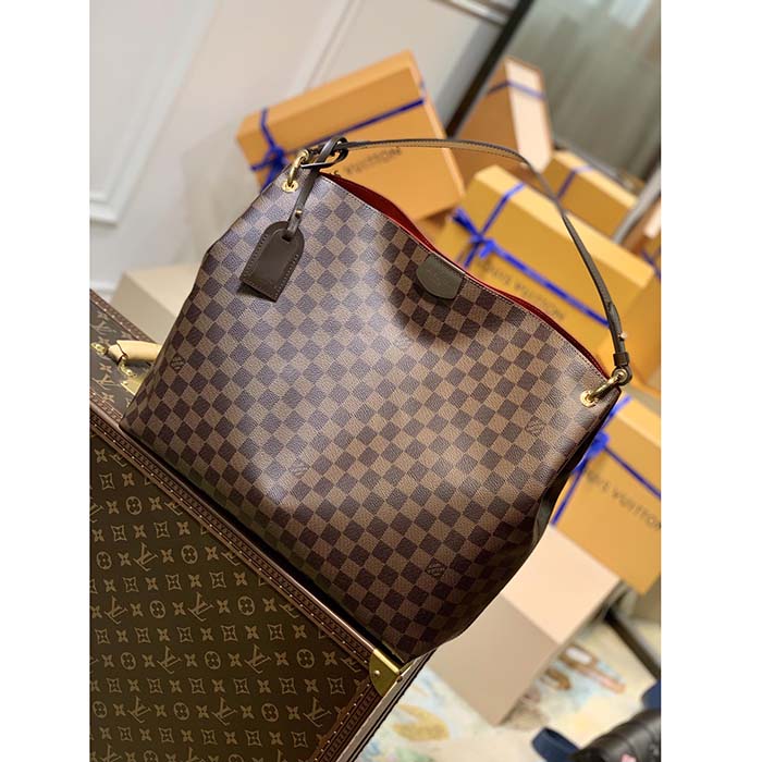Louis Vuitton LV Unisex Graceful MM Hobo Damier Ebene Coated Canvas Cowhide Leather Shoulder Bag