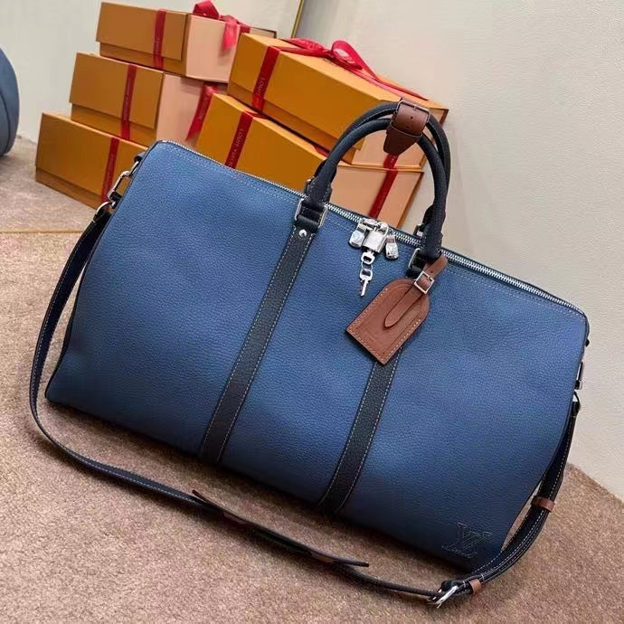 Louis Vuitton LV Unisex Keepall Bandoulière 50 Travel Bag Blue Cowhide Leather