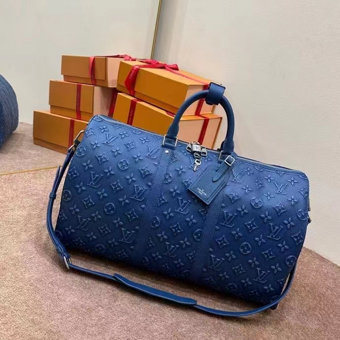 Louis Vuitton LV Unisex Keepall Bandoulière 50 Weekend Bag Blue Cowhide Leather
