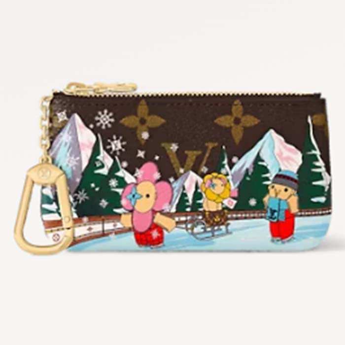 Louis Vuitton LV Unisex Key Pouch Pink Monogram Coated Canvas Grained Cowhide Leather Clutch