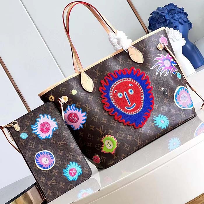 Louis Vuitton LV Unisex LV x YK Neverfull MM Monogram Coated Canvas Faces Print Embroidery Tote