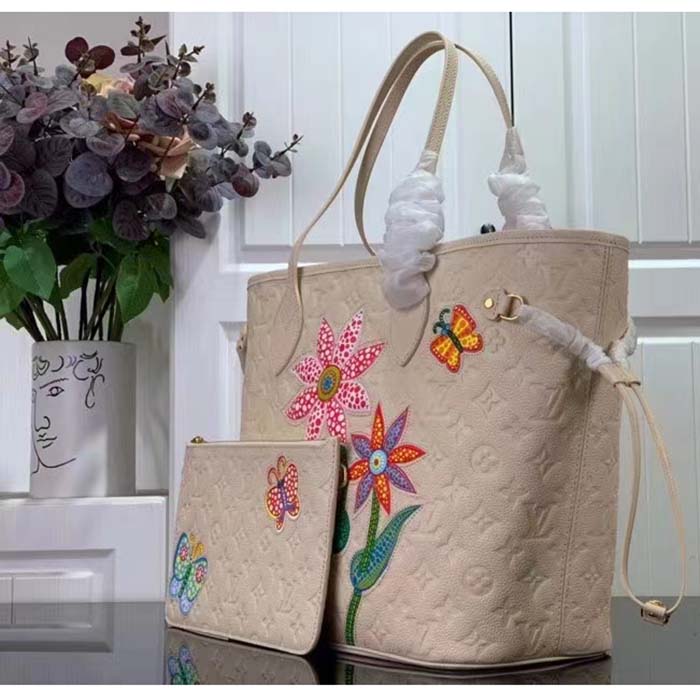 Louis Vuitton LV Unisex LV x YK Neverfull MM Quartz Embossed Grained Monogram Empreinte Cowhide Leather Tote