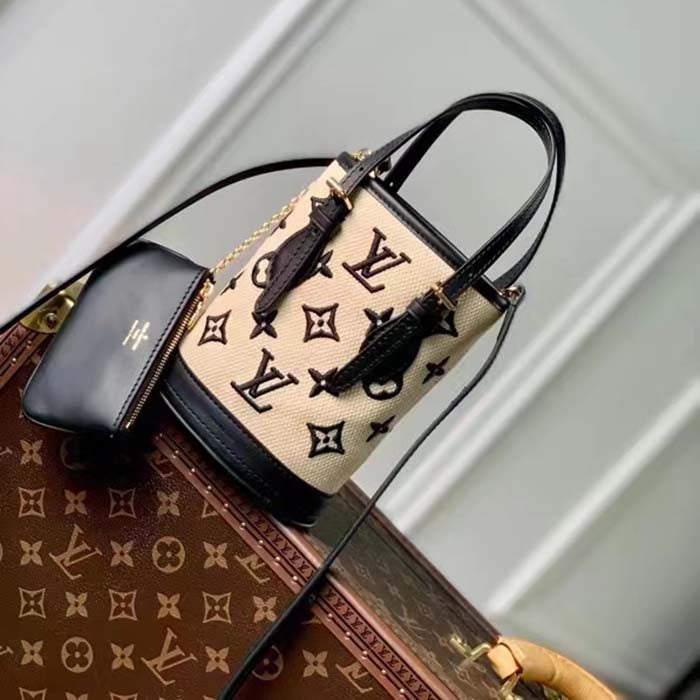 Louis Vuitton LV Unisex Nano Bucket Black Lotus Cotton Cowhide Leather Handbag