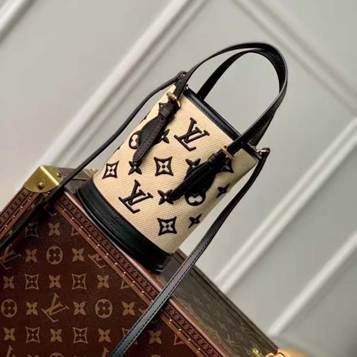 Louis Vuitton LV Unisex Nano Bucket Black Lotus Cotton Cowhide Leather Handbag