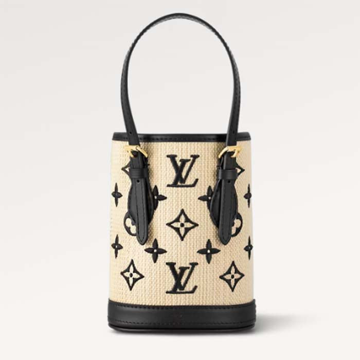 Louis Vuitton LV Unisex Nano Bucket Black Lotus Cotton Cowhide Leather Handbag