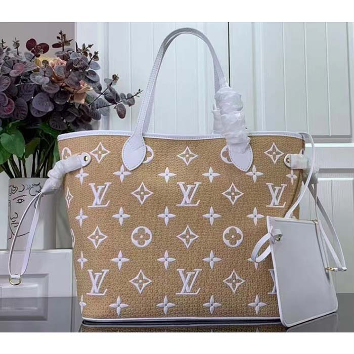 Louis Vuitton LV Unisex Neverfull MM Beige Lotus Cotton Cowhide Leather Tote