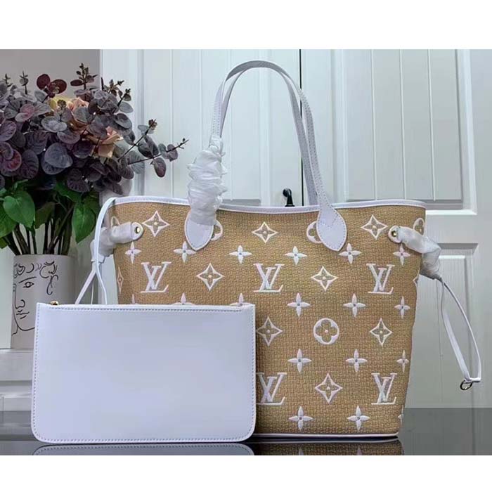 Louis Vuitton LV Unisex Neverfull MM Beige Lotus Cotton Cowhide Leather Tote