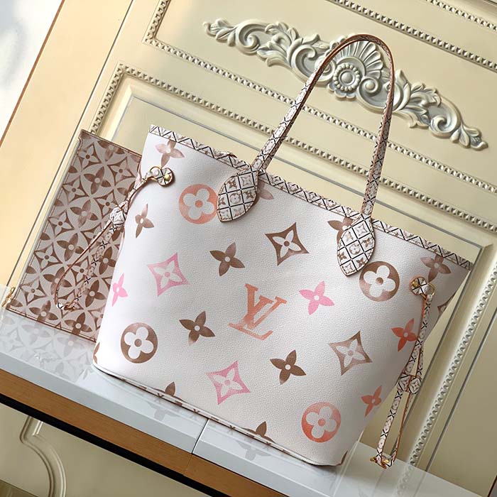 Louis Vuitton LV Unisex Neverfull MM Beige Monogram Coated Canvas Textile Lining Tote
