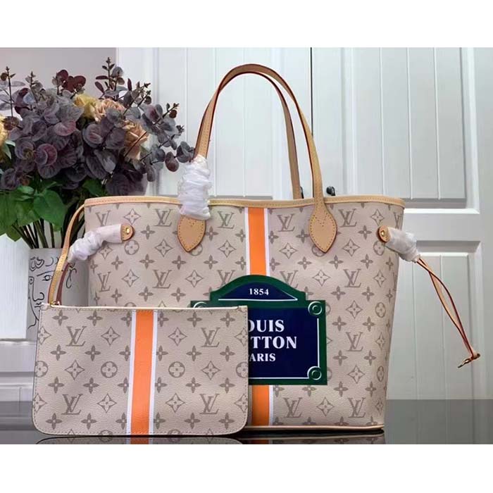 Louis Vuitton LV Unisex Neverfull MM Beige Ocher Monopaname Coated Canvas Cowhide Leather Tote