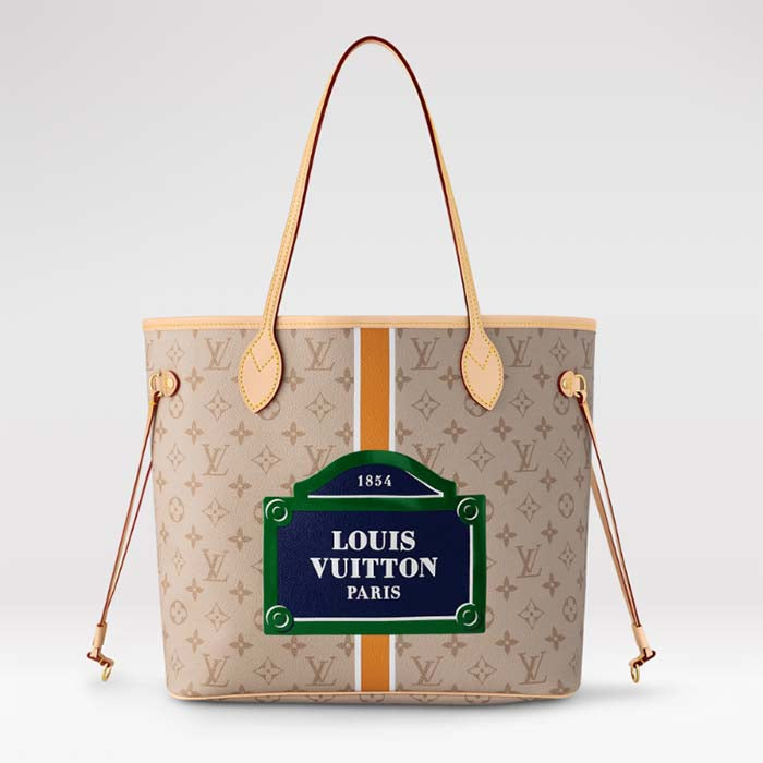 Louis Vuitton LV Unisex Neverfull MM Beige Ocher Monopaname Coated Canvas Cowhide Leather Tote