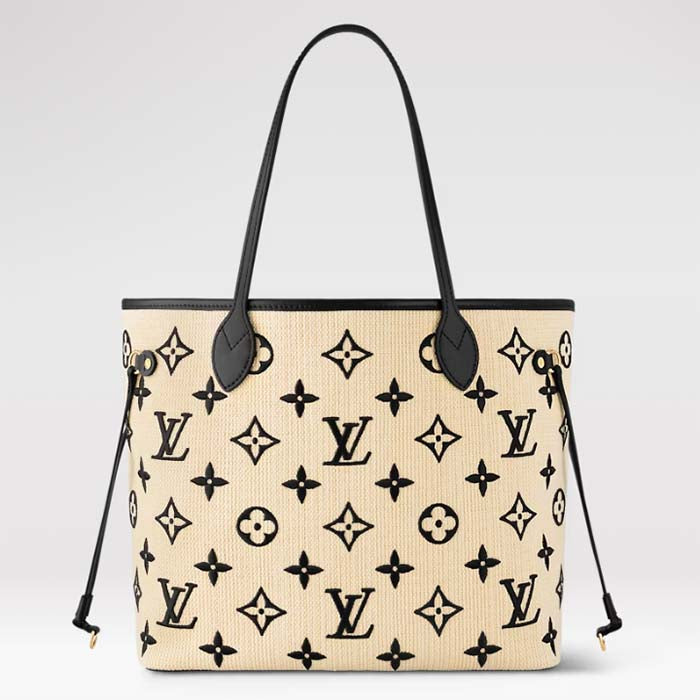 Louis Vuitton LV Unisex Neverfull MM Black Lotus Cotton Cowhide Leather Tote