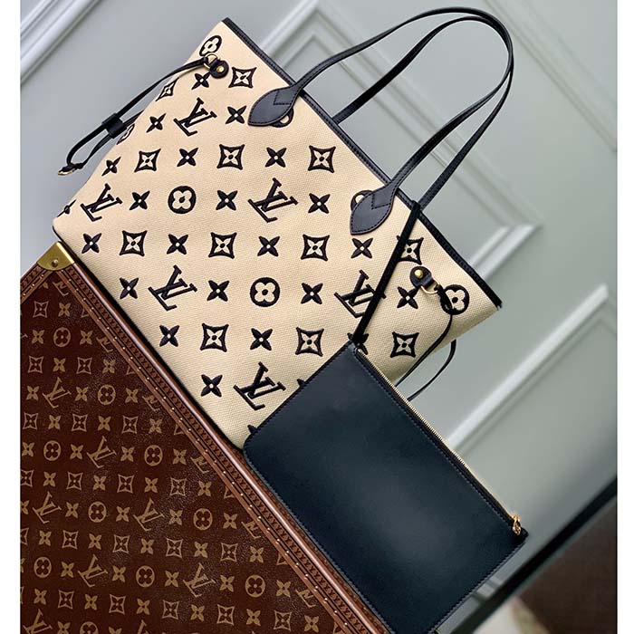 Louis Vuitton LV Unisex Neverfull MM Black Lotus Cotton Cowhide Leather Tote