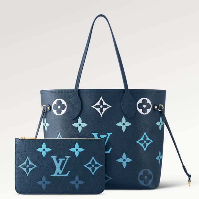 Louis Vuitton LV Unisex Neverfull MM Gradient Blue Monogram Empreinte Embossed Cowhide Leather Tote