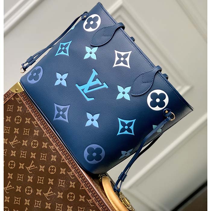 Louis Vuitton LV Unisex Neverfull MM Gradient Blue Monogram Empreinte Embossed Cowhide Leather Tote