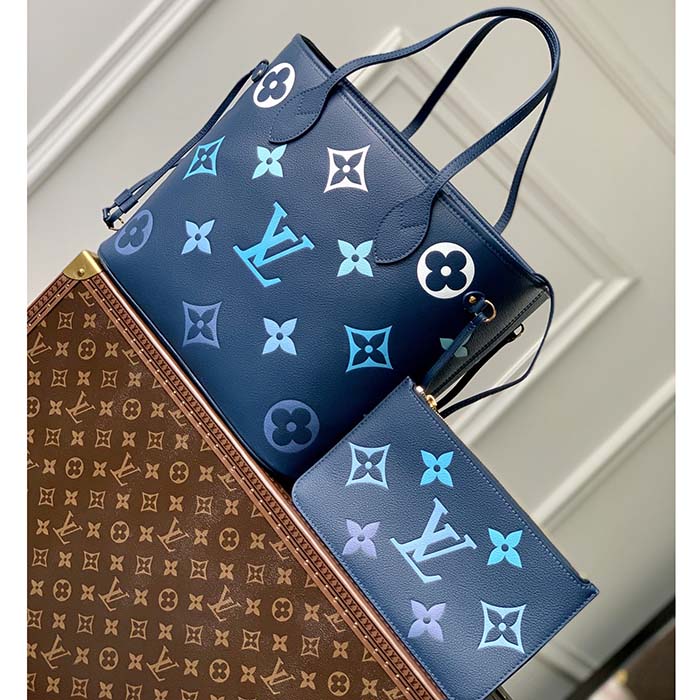 Louis Vuitton LV Unisex Neverfull MM Gradient Blue Monogram Empreinte Embossed Cowhide Leather Tote
