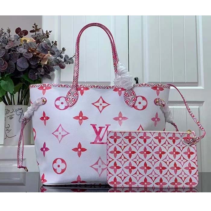 Louis Vuitton LV Unisex Neverfull MM Pink Monogram Coated Canvas Textile Lining Tote