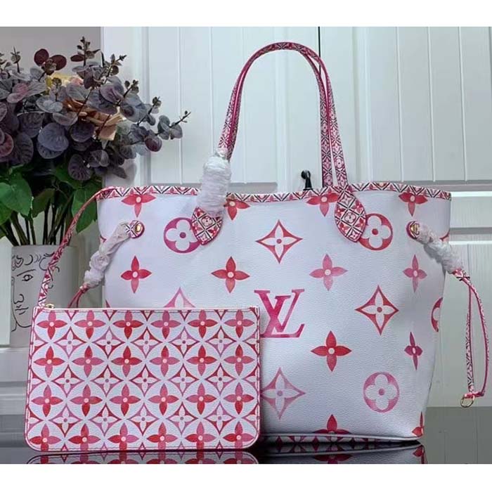 Louis Vuitton LV Unisex Neverfull MM Pink Monogram Coated Canvas Textile Lining Tote