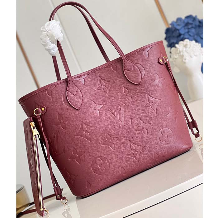 Louis Vuitton LV Unisex Neverfull MM Wine Red Monogram Empreinte Embossed Grained Cowhide Leather Tote