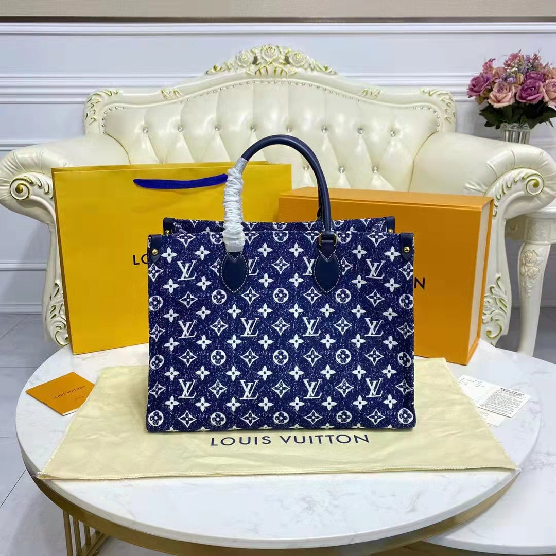 Louis Vuitton LV Unisex Onthego MM Tote Navy Blue Jacquard Textile Calf