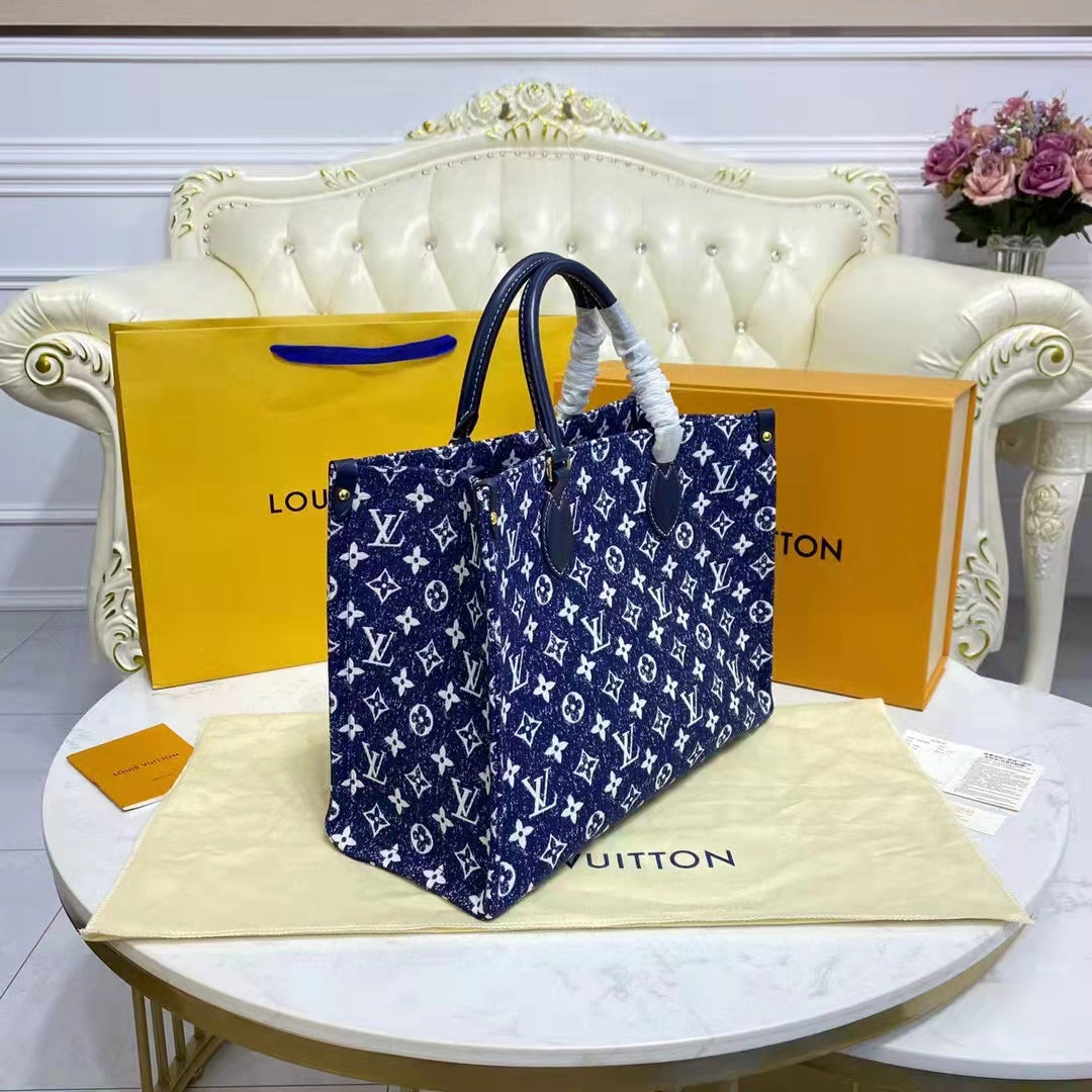 Louis Vuitton LV Unisex Onthego MM Tote Navy Blue Jacquard Textile Calf
