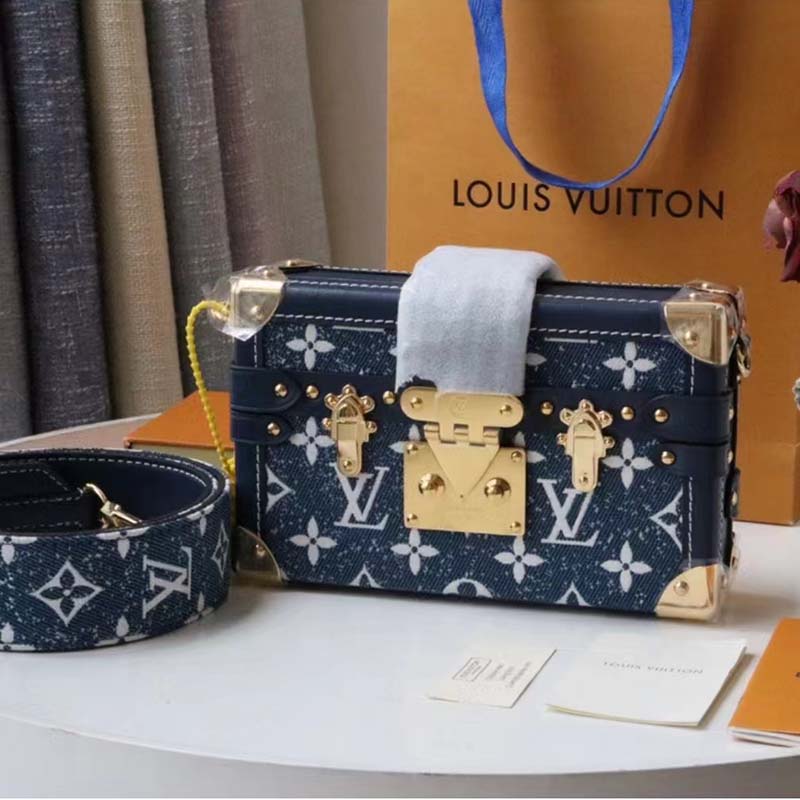 Louis Vuitton LV Unisex Petite Malle Box Handbag Blue Monogram Canvas