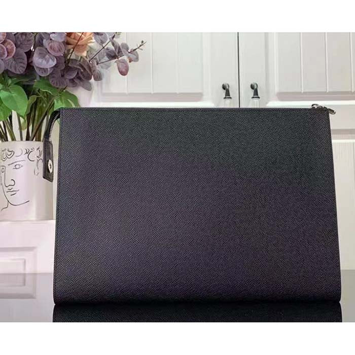 Louis Vuitton LV Unisex Pochette 24H Black Taiga Cowhide Leather Zip Closure Clutch