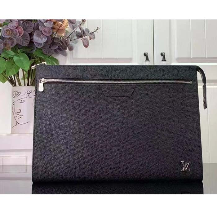 Louis Vuitton LV Unisex Pochette 24H Black Taiga Cowhide Leather Zip Closure Clutch