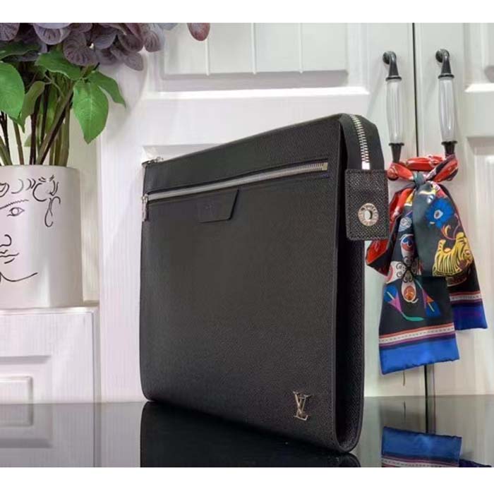 Louis Vuitton LV Unisex Pochette 24H Black Taiga Cowhide Leather Zip Closure Clutch