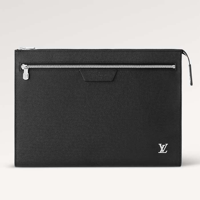 Louis Vuitton LV Unisex Pochette 24H Black Taiga Cowhide Leather Zip Closure Clutch