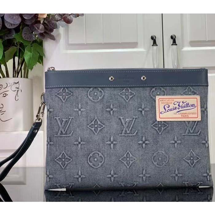 Louis Vuitton LV Unisex Pochette To Go Monogram Washed Coated Canvas Cowhide Leather Clutch