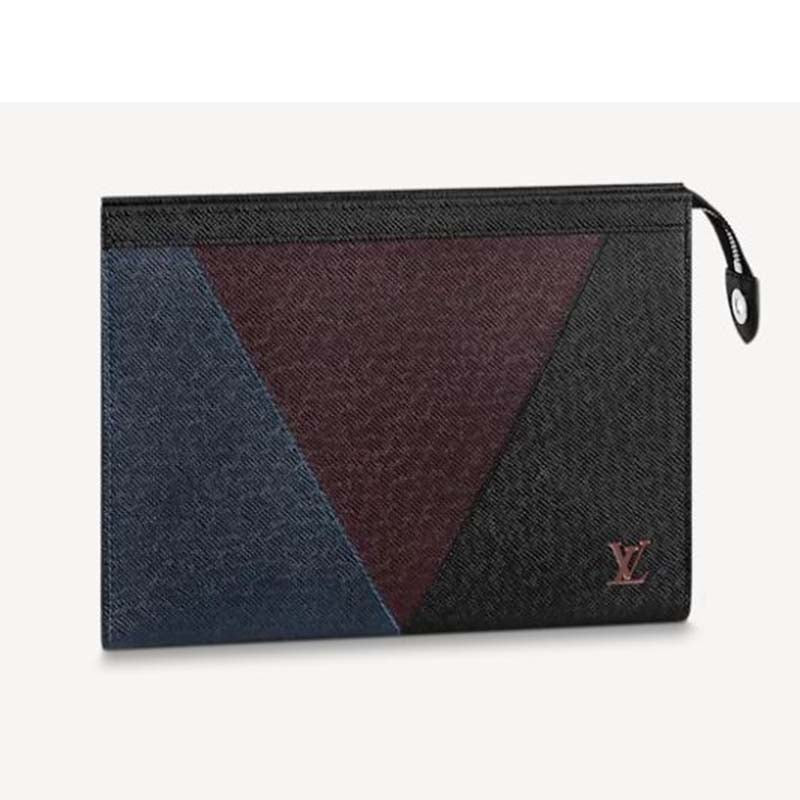 Louis Vuitton LV Unisex Pochette Voyage Burgundy Black and Navy Blue Taiga Leather Clutch