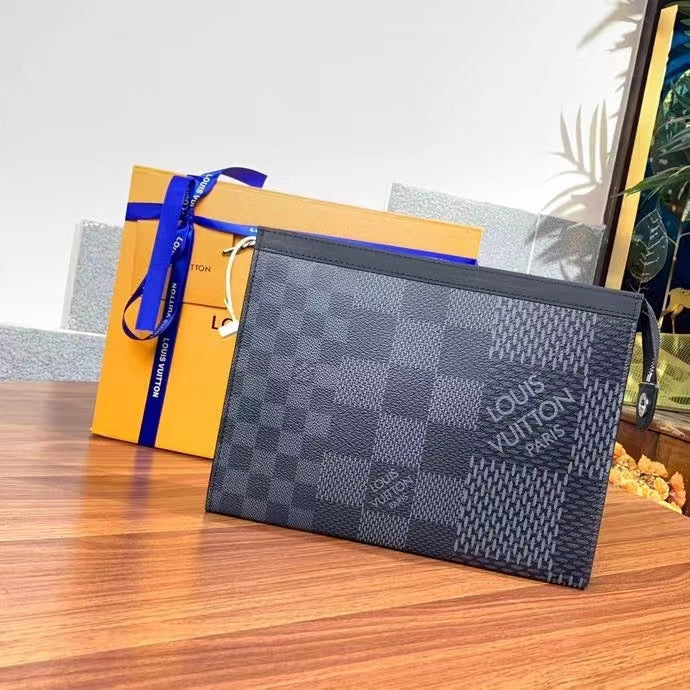 Louis Vuitton LV Unisex Pochette Voyage Gray Damier Graphite 3D Coated Canvas Black Cowhide Leather Clutch