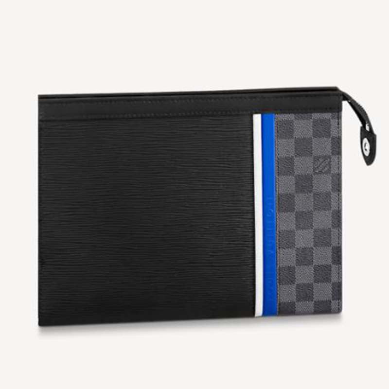 Louis Vuitton LV Unisex Pochette Voyage MM Black Epi Leather Damier Graphite Canvas Clutch