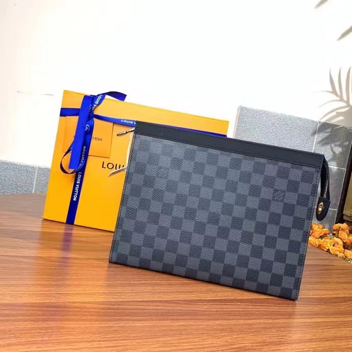 Louis Vuitton LV Unisex Pochette Voyage MM Black Grey Damier Graphite Coated Canvas Clutch