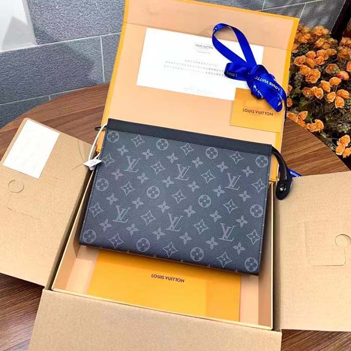 Louis Vuitton LV Unisex Pochette Voyage MM Black Grey Monogram Eclipse Canvas Clutch