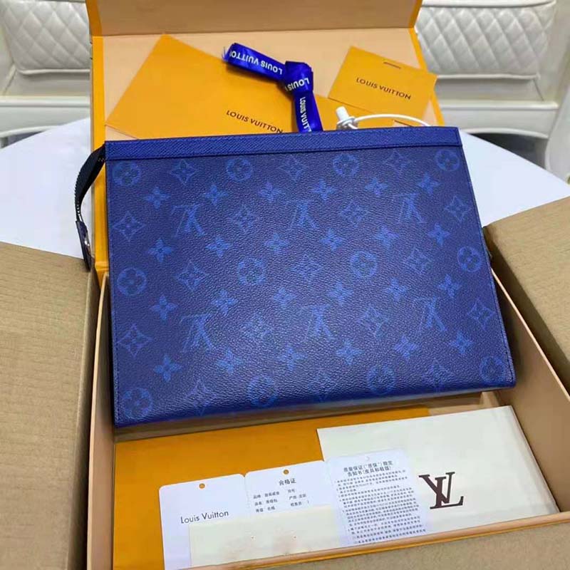 Louis Vuitton LV Unisex Pochette Voyage MM Taiga Cowhide Leather Monogram Eclipse Coated Canvas Clutch