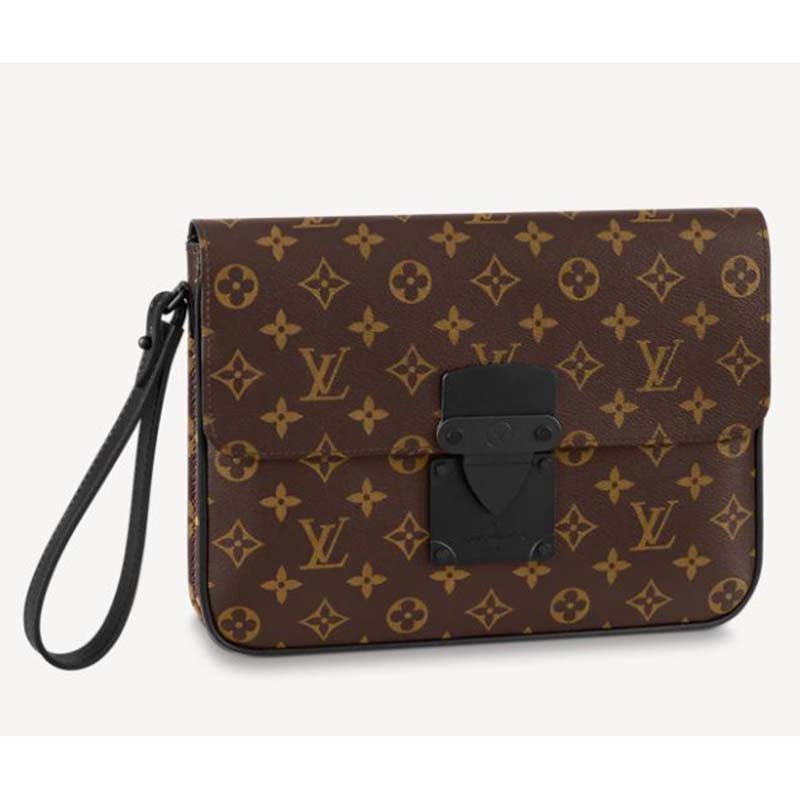 Louis Vuitton LV Unisex S Lock A4 Pouch Monogram Macassar Coated Canvas Epi Leather Clutch