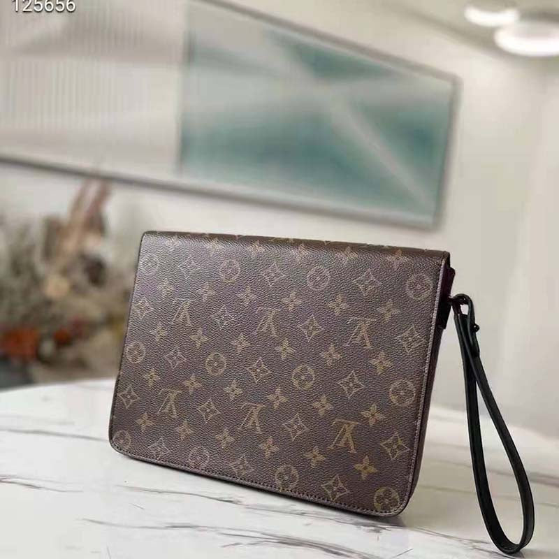 Louis Vuitton LV Unisex S Lock A4 Pouch Monogram Macassar Coated Canvas Epi Leather Clutch