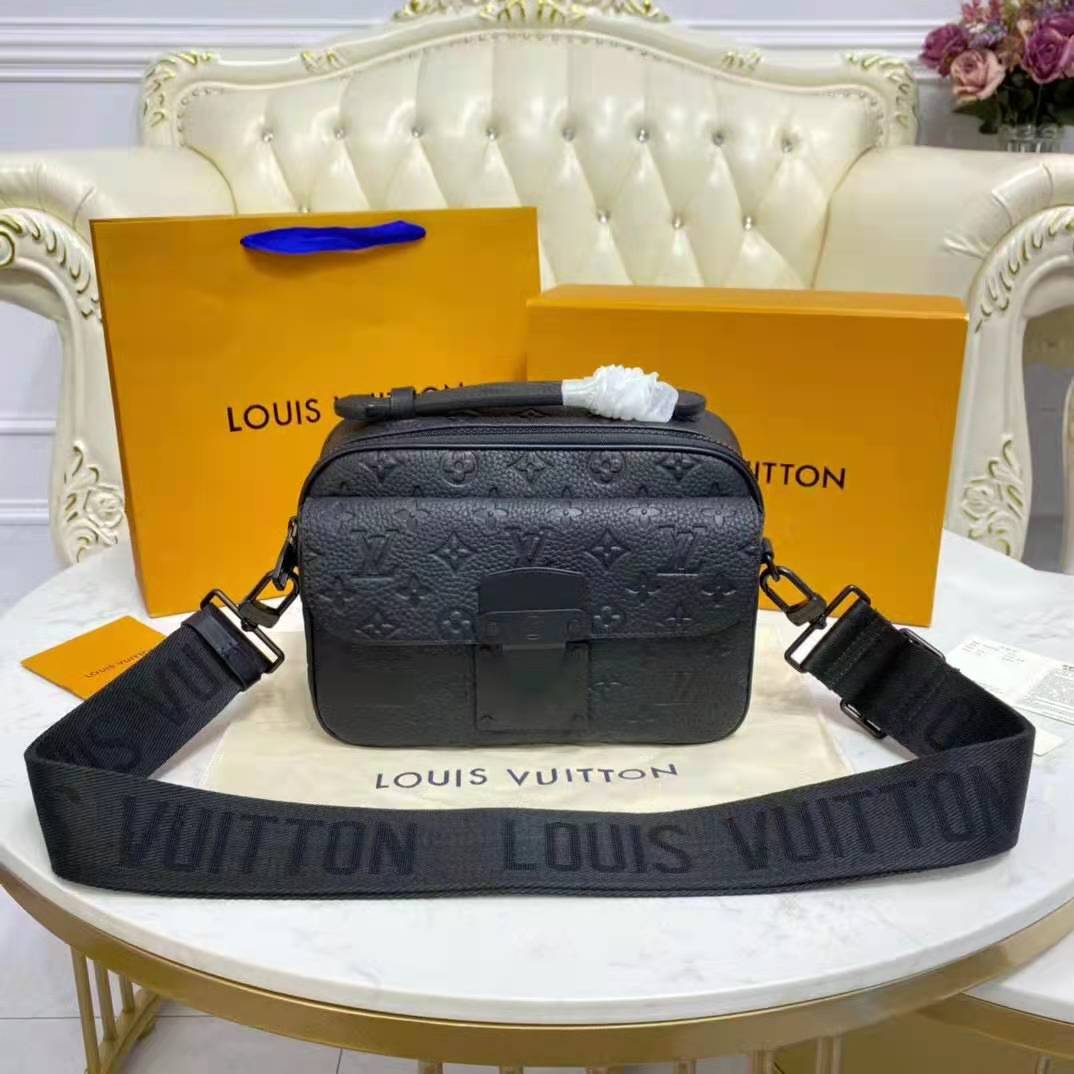 Louis Vuitton LV Unisex S Lock Messenger Black Monogram Embossed Taurillon Cowhide Leather Handbag