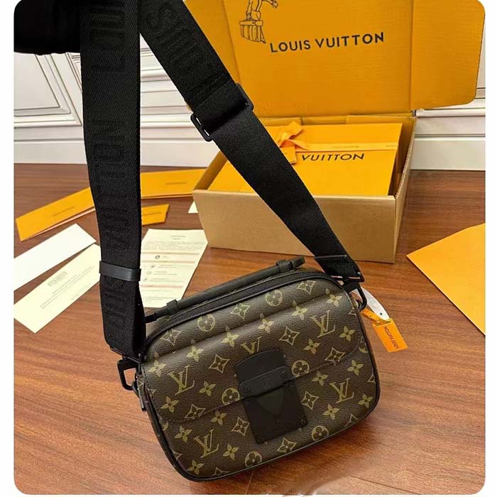 Louis Vuitton LV Unisex S Lock Messenger Black Monogram Macassar Coated Canvas Epi Leather Handbag